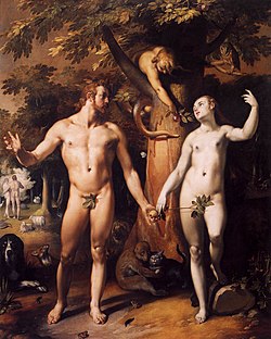The Fall of Man by Cornelis van Haarlem (1592), showing the serpent in the Garden of Eden as a woman