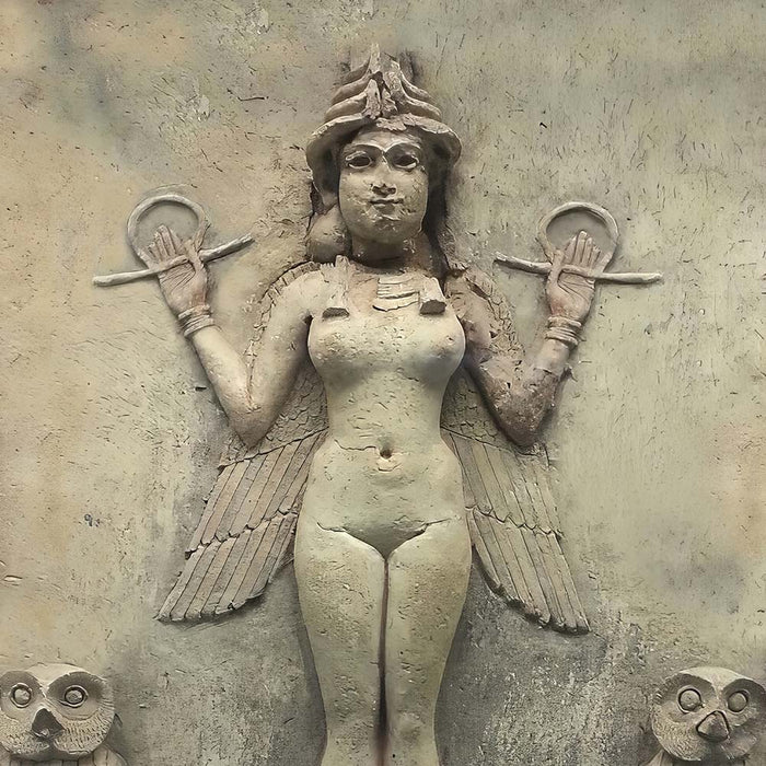 This image depicts the Burney Relief, also known as the "Queen of the Night" relief. Origin: It is an ancient Mesopotamian terracotta panel dating to the 18th or 19th century BC. Subject: The figure is believed to be the goddess Ishtar (or Inanna), though some scholars suggest it may represent Ereshkigal or Lilitu. Features: She is depicted wearing a horned headdress, holding a rod and ring, and flanked by owls and lions.