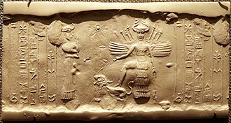 Ancient Akkadian cylinder seal depicting Inanna resting her foot on the back of a lion while Ninshubur stands in front of her paying obeisance, c. 2334–2154 BCE